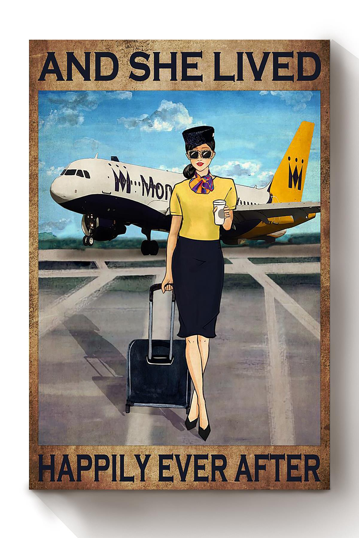 United Kingdom Female Flight Attendant Lived Happily Ever After Quote Aviation Gallery Canvas Painting Gift For Girl Loves Travelling Canvas Framed Prints, Canvas Paintings Wrapped Canvas 8x10