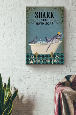 Shark In Bath Soap Wash Your Fins Funny Gallery Canvas Painting For Bathroom Decor Housewarming Canvas Framed Prints, Canvas Paintings Wrapped Canvas 12x16