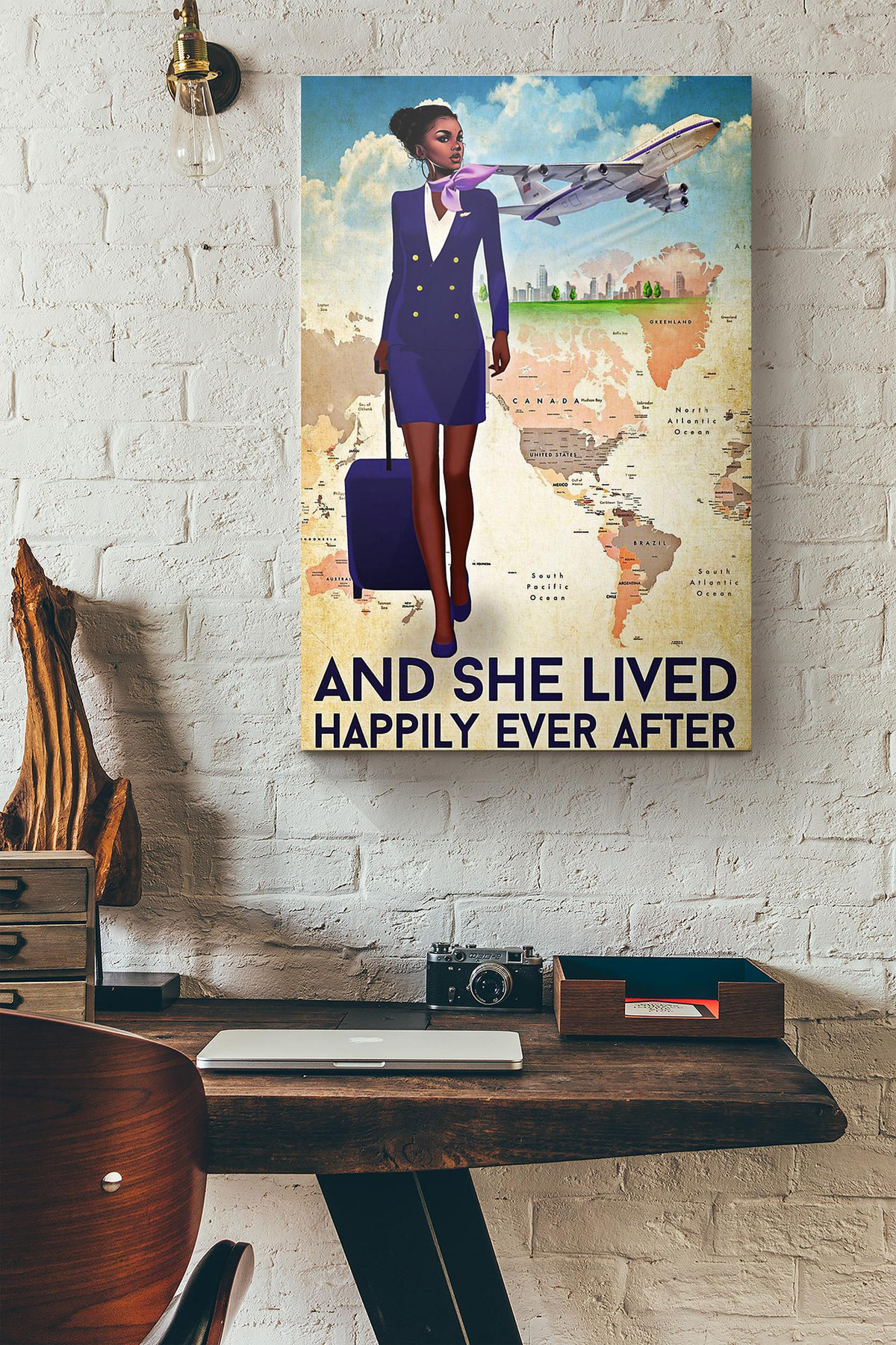 Black Girl Navy Style Flight Attendant And She Lived Happily Ever After Canvas Painting Ideas, Canvas Hanging Prints, Gift Idea Framed Prints, Canvas Paintings Wrapped Canvas 8x10