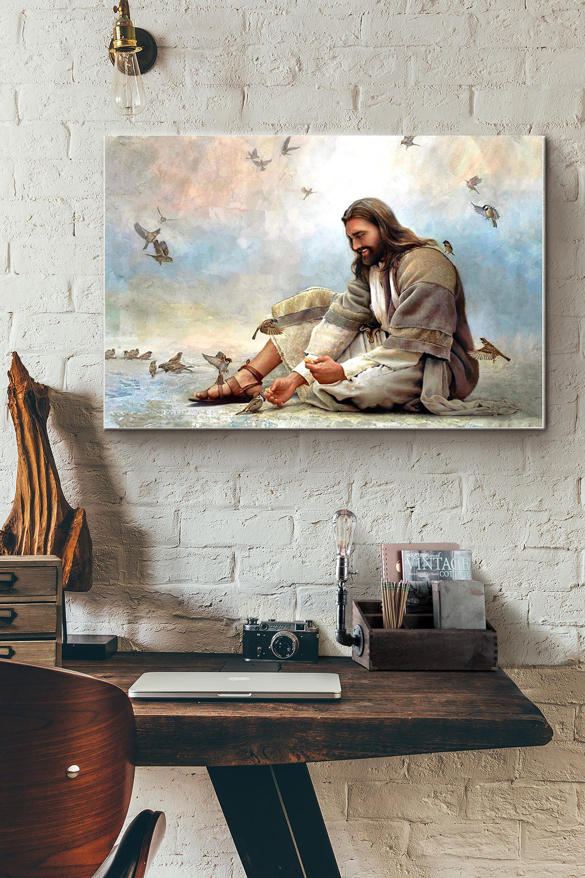 Jesus Sit On The Beach Feeding Sparrow Canvas Painting Ideas, Canvas Hanging Prints, Gift Idea Framed Prints, Canvas Paintings Wrapped Canvas 8x10