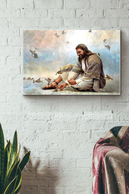 Jesus Sit On The Beach Feeding Sparrow Canvas Painting Ideas, Canvas Hanging Prints, Gift Idea Framed Prints, Canvas Paintings Wrapped Canvas 16x24