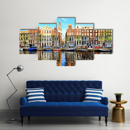 Canal Houses Of Amsterdam At Dusk � Nature 5 Panel Canvas Art Wall Decor Luxury Multi Canvas Prints, Multi Piece Panel Canvas Gallery Art Print