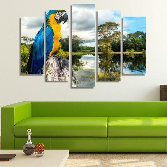Parrot Macaw In Pantanal Brazil � Animal 5 Panel Canvas Art Wall Decor Luxury Multi Canvas Prints, Multi Piece Panel Canvas Gallery Art Print