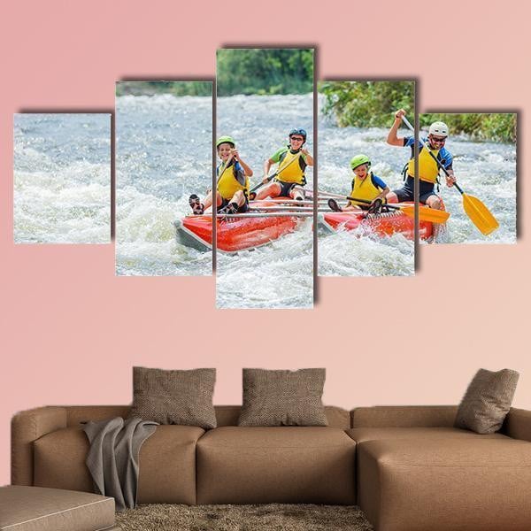 Yappy Family Of Four River Rafting � Sport 5 Panel Canvas Art Wall Decor Luxury Multi Canvas Prints, Multi Piece Panel Canvas Gallery Art Print
