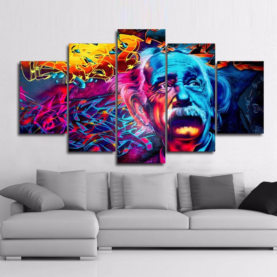Color Abstract Albert Einstein � Famous Person 5 Panel Canvas Art Wall Decor Luxury Multi Canvas Prints, Multi Piece Panel Canvas Gallery Art Print