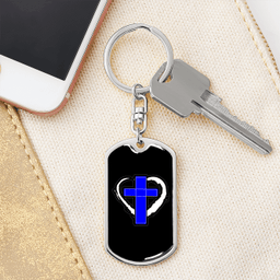 Blue Cross Keychain Stainless Steel or 18k Gold Dog Tag Keyring