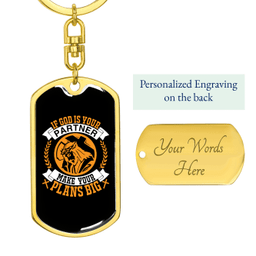 God Is Your Partner Keychain Stainless Steel or 18k Gold Dog Tag Keyring