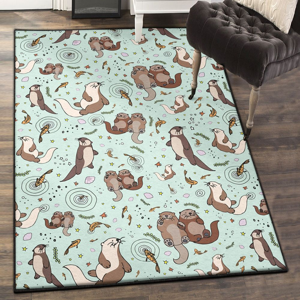 Otter Dining Room Rug Otters In Blue Rug Rectangle Rugs Washable Area Rug Non-Slip Carpet For Living Room Bedroom Area Rug Small (3 X 5 FT)