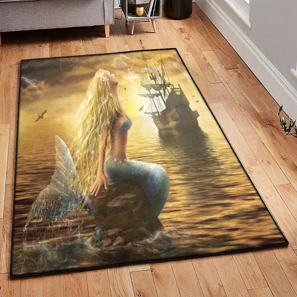 Siren Kitchen Rugs Mermaid And Ship Rug Rectangle Rugs Washable Area Rug Non-Slip Carpet For Living Room Bedroom Area Rug Small (3 X 5 FT)