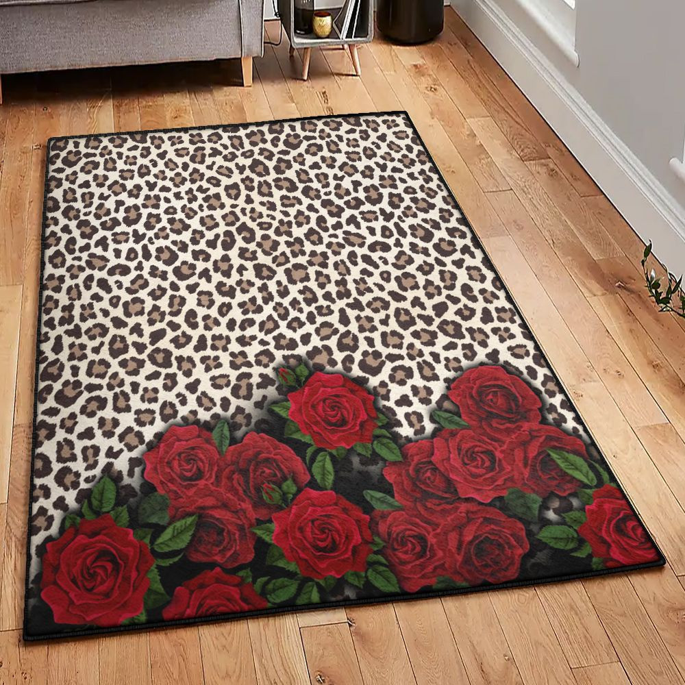 Mammal Washable Rugs Leopard Rose Animal Print Rug Rectangle Rugs Washable Area Rug Non-Slip Carpet For Living Room Bedroom Area Rug Small (3 X 5 FT)