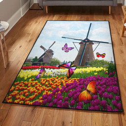 Calamity Dining Room Rug Windmill And Purple Tulips Butterfly Rug Rectangle Rugs Washable Area Rug Non-Slip Carpet For Living Room Bedroom Area Rug Small (3 X 5 FT)