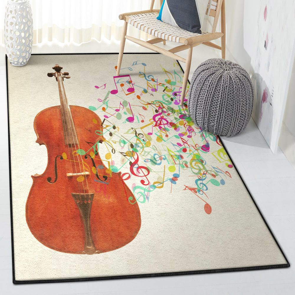 Flowers Carpet A Cello With Colorful Music Notes Rug Rectangle Rugs Washable Area Rug Non-Slip Carpet For Living Room Bedroom Area Rug Small (3 X 5 FT)
