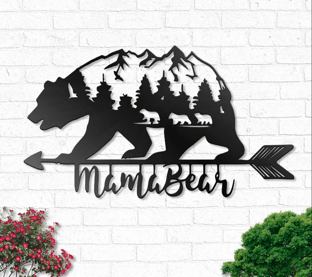 Mama Bear With 3 kids Metal House Sign 12x12IN