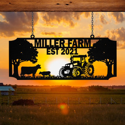 Personalized Metal Farm Sign Cow Tractor Monogram, Custom Outdoor Farmhouse, Front Gate Laser Cut Metal Signs Custom Gift Ideas 18x18IN