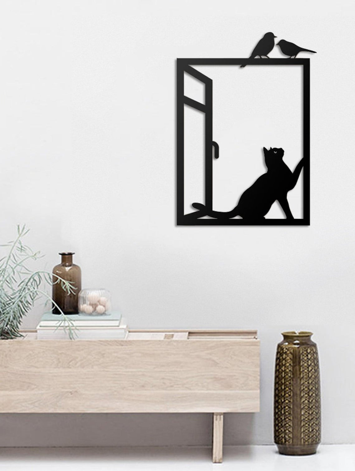 Cat Looking At Birds On Window Cat Lovers Wall Art Decor Cut Metal Sign Laser Cut Metal Signs Custom Gift Ideas 12x12IN
