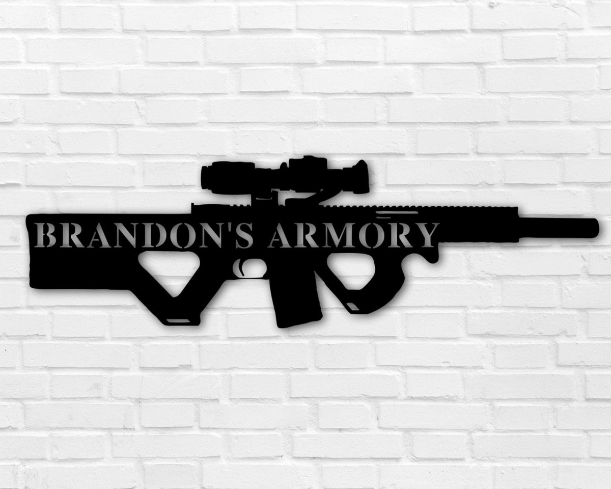 Gun Metal Sign, Custom Gun Sign, Personalized Armory Sign, Gun Metal Wall Art, Father's Day Gift, Hunting Gift, Gift For Him, Army Gift Laser Cut Metal Signs Custom Gift Ideas 12x12IN