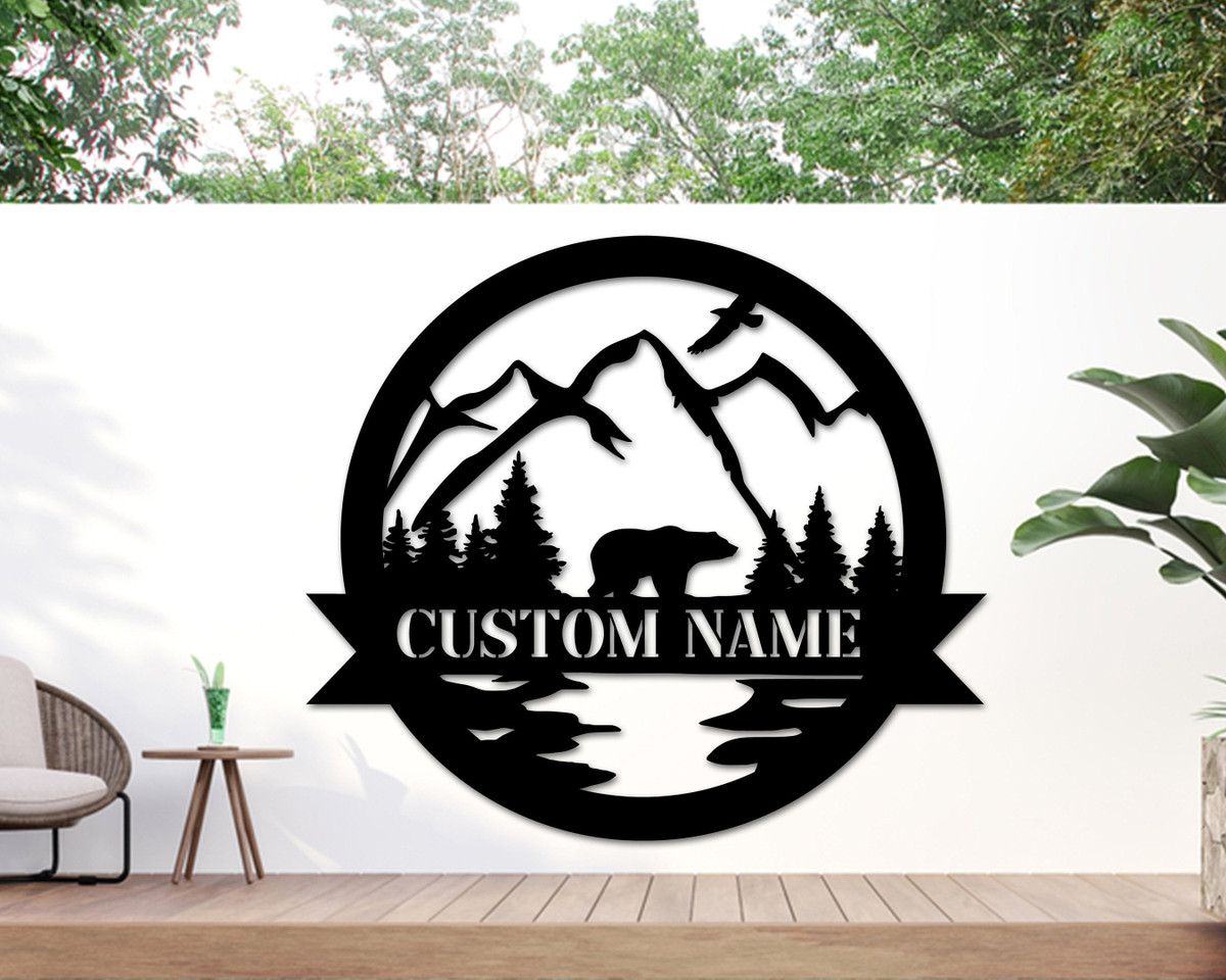 Bear Personalized Metal Sign, Bear In Woods Cabin Sign, Family Name Black Bear Sign, Personalized Bear Sign, Dad Gift, Last Name Monogram Laser Cut Metal Signs Custom Gift Ideas 12x12IN