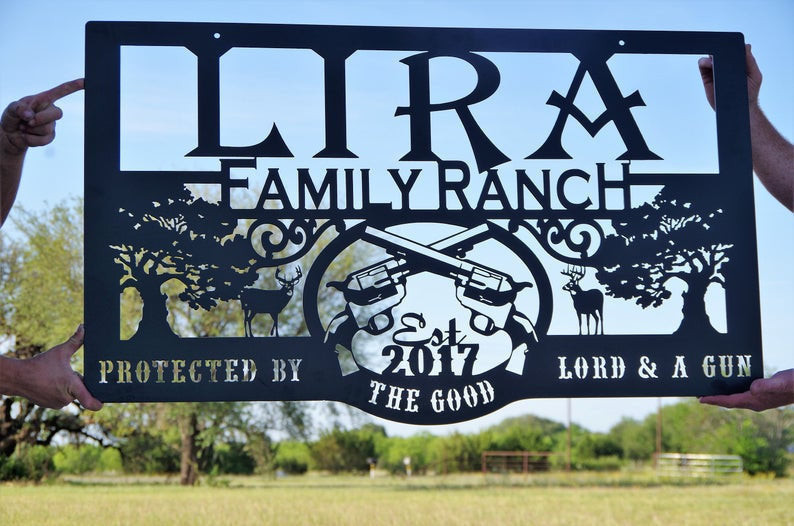 Hunting Family ranch protected by the good Lord and Personalized Cut Metal Sign Laser Cut Metal Signs Custom Gift Ideas 12x12IN
