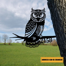 Personalized Address Owl Metal Tree Stake, Owl Bird Decor Laser Cut Metal Signs Custom Gift Ideas 12x12IN