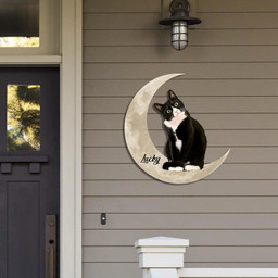 Tuxedo Cat And Moon Funny Personalized Photo And Name Cut Metal Sign, Custom Christmas Gift Wall Decoration For Cat Lovers Laser Cut Metal Signs Custom Gift Ideas 14x14IN
