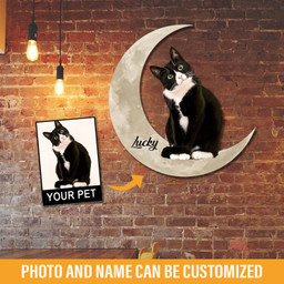 Tuxedo Cat And Moon Funny Personalized Photo And Name Cut Metal Sign, Custom Christmas Gift Wall Decoration For Cat Lovers Laser Cut Metal Signs Custom Gift Ideas 12x12IN
