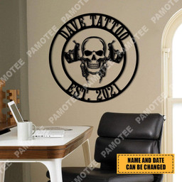 Custom Name And Est Date Skull Tattoo Artist Metal Sign, Steel Wall Hanging, Metal Laser Cut Metal Signs Custom Gift Ideas 12x12IN