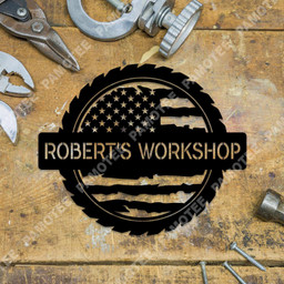 Custom Workshop With American Flag Steel Plaque, Metal Wall Hanging Garage, Metal Laser Cut Metal Signs Custom Gift Ideas 18x18IN