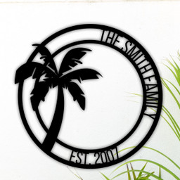 Personalized Palm Tree Metal Sign, Beach House Signs, Door Hanger, Metal Wall Art, Beach Decor, Coastal Decor, Tropical Decor, Metal Sign, Laser Cut Metal Signs Custom Gift Ideas 14x14IN