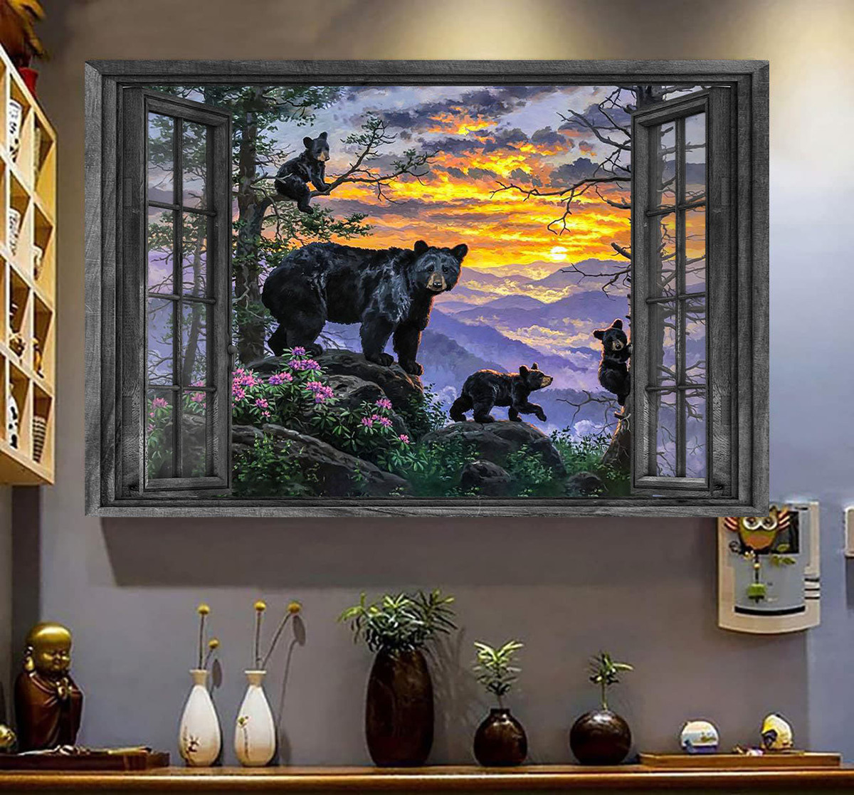 Bear 3D Wall Art Painting Art 3D Wild Animals Lover Bear Babies Home Decoration Landscape Seen Through Window Scene Wall Mural, 3D Window Wall Decal, Window Wall Mural, Window Wall Sticker, Window Sticker Gift Idea 18x30IN