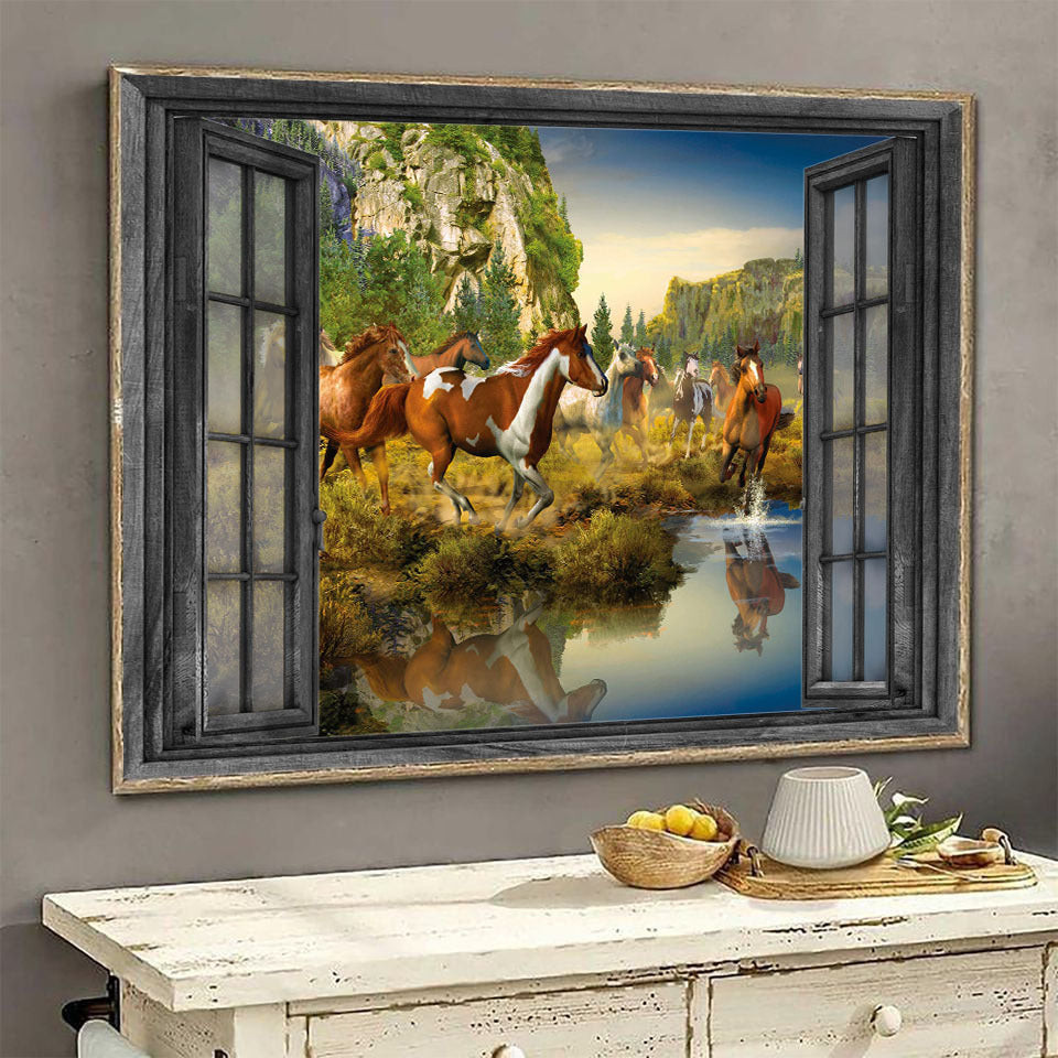 Horse 3D Wall Art Painting Wall Art Decor Horse In The Valley Landscape Seen Through Window Scene Wall Mural, 3D Window Wall Decal, Window Wall Mural, Window Wall Sticker, Window Sticker Gift Idea 18x30IN