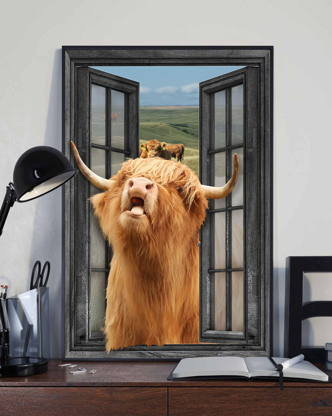 Highland Cow 3D Wall Art Painting Prints Home Decor Cattle Lover Landscape Seen Through Window Scene Wall Mural, 3D Window Wall Decal, Window Wall Mural, Window Wall Sticker, Window Sticker Gift Idea 18x30IN