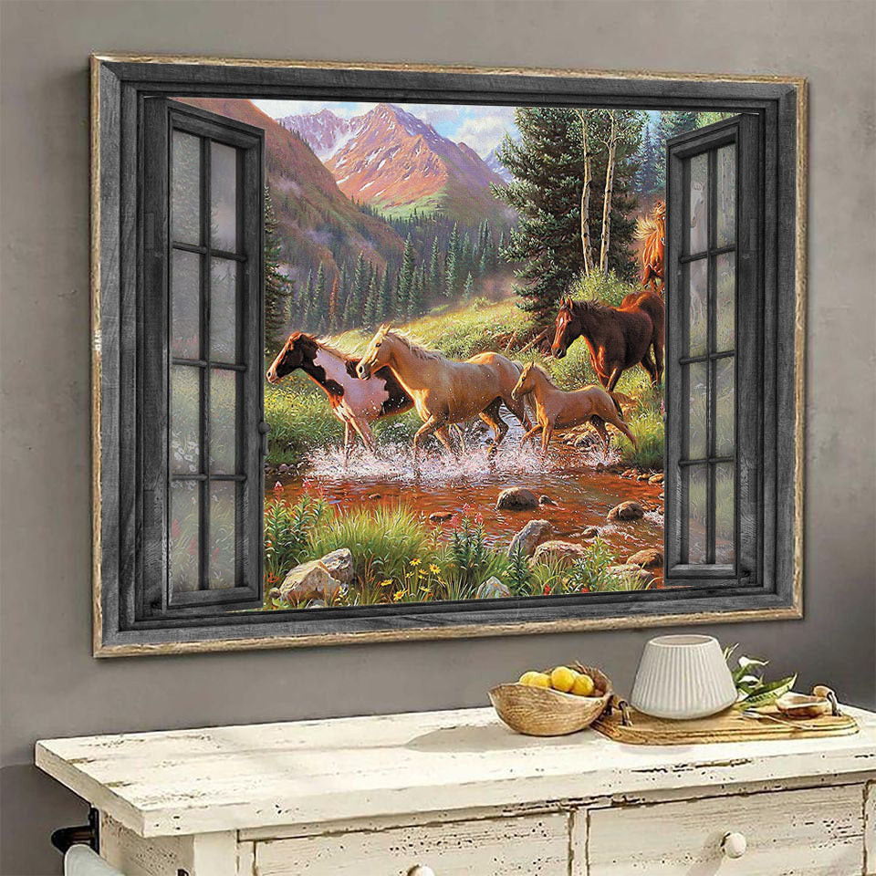 Horse 3D Wall Art Painting Home Decor Mountain Forest Landscape Seen Through Window Scene Wall Mural, 3D Window Wall Decal, Window Wall Mural, Window Wall Sticker, Window Sticker Gift Idea 18x30IN