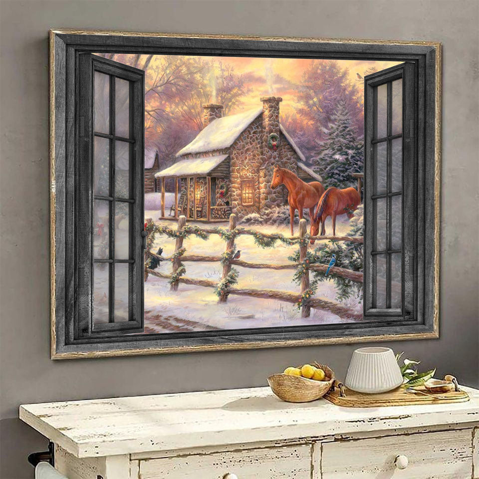 Horse Painting 3D Wall Art Gift Decor Warm Little House Winter Landscape Seen Through Window Scene Wall Mural, 3D Window Wall Decal, Window Wall Mural, Window Wall Sticker, Window Sticker Gift Idea 18x30IN