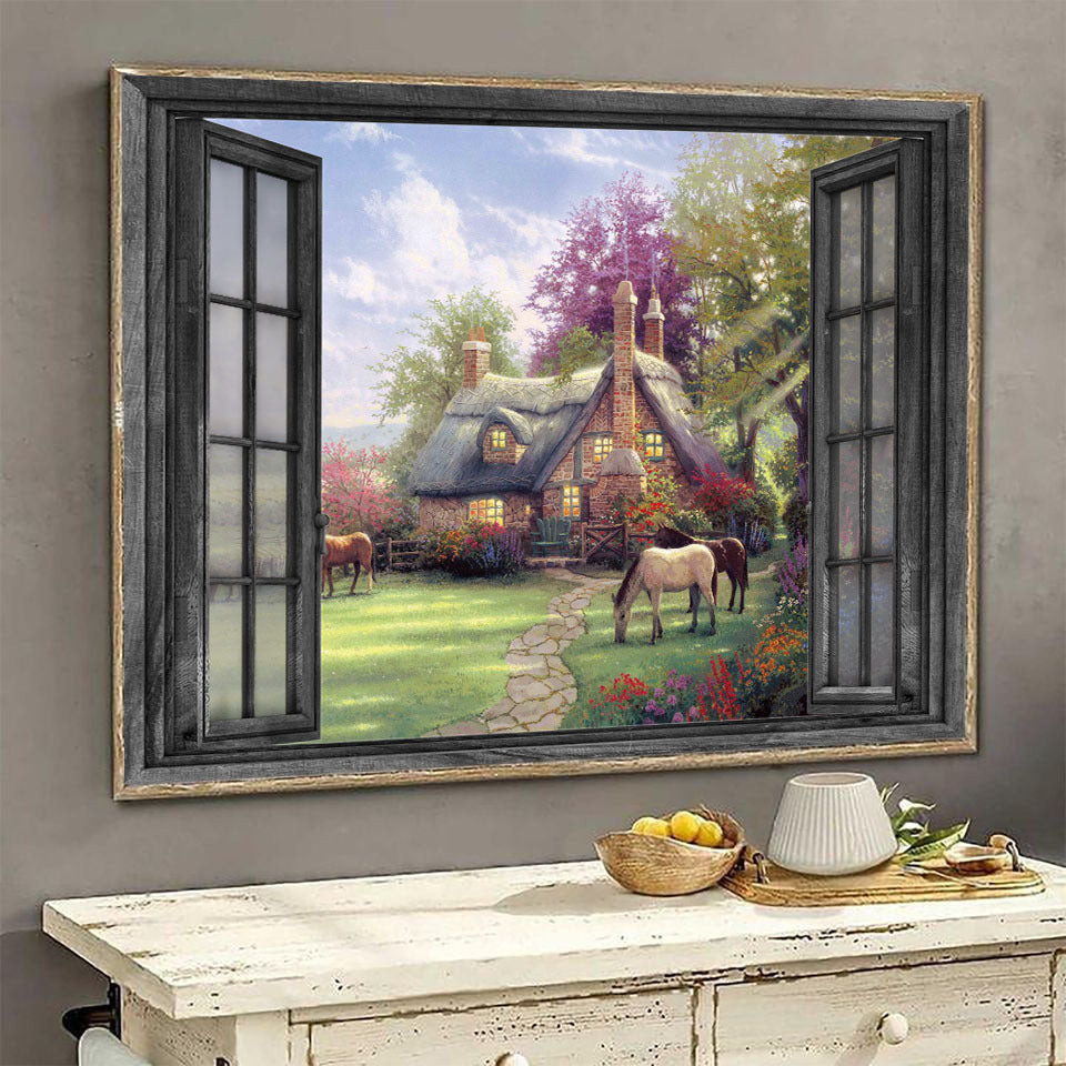Horse Painting 3D Wall Art Gift Decor Warm Little House Spring Landscape Seen Through Window Scene Wall Mural, 3D Window Wall Decal, Window Wall Mural, Window Wall Sticker, Window Sticker Gift Idea 18x30IN
