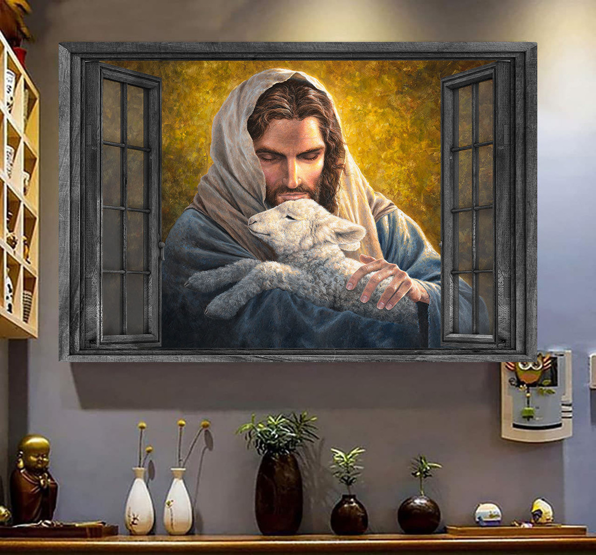 Jesus Sheep 3D Wall Art Painting Art 3D Home Decoration Easter Landscape Seen Through Window Scene Wall Mural, 3D Window Wall Decal, Window Wall Mural, Window Wall Sticker, Window Sticker Gift Idea 18x30IN