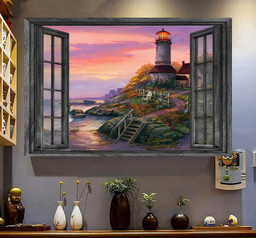 Lighthouse 3D Wall Art Painting Art Home Decoration Landscape Seen Through Window Scene Wall Mural, 3D Window Wall Decal, Window Wall Mural, Window Wall Sticker, Window Sticker Gift Idea 18x30IN