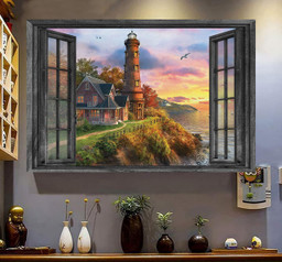 Lighthouse Wall Art 3D Painting Art Home Decoration Landscape Seen Through Window Scene Wall Mural, 3D Window Wall Decal, Window Wall Mural, Window Wall Sticker, Window Sticker Gift Idea 18x30IN
