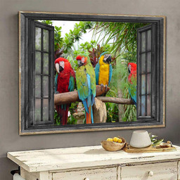 Parrot 3D Wall Arts Painting Prints Home Decor The African Gray Parrot, And Scarlet Macaw, Blue And Gold Macaws Landscape Seen Through Window Scene Wall Mural, 3D Window Wall Decal, Window Wall Mural, Window Wall Sticker, Window Sticker Gift Idea 18x30IN