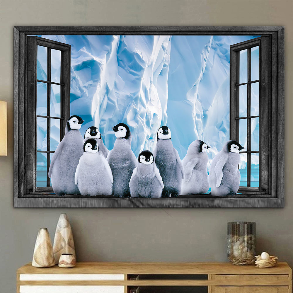 Penguins Ice 3D Wall Art Painting Art 3D Animals Lover Home Decoration Landscape Seen Through Window Scene Wall Mural, 3D Window Wall Decal, Window Wall Mural, Window Wall Sticker, Window Sticker Gift Idea 18x30IN