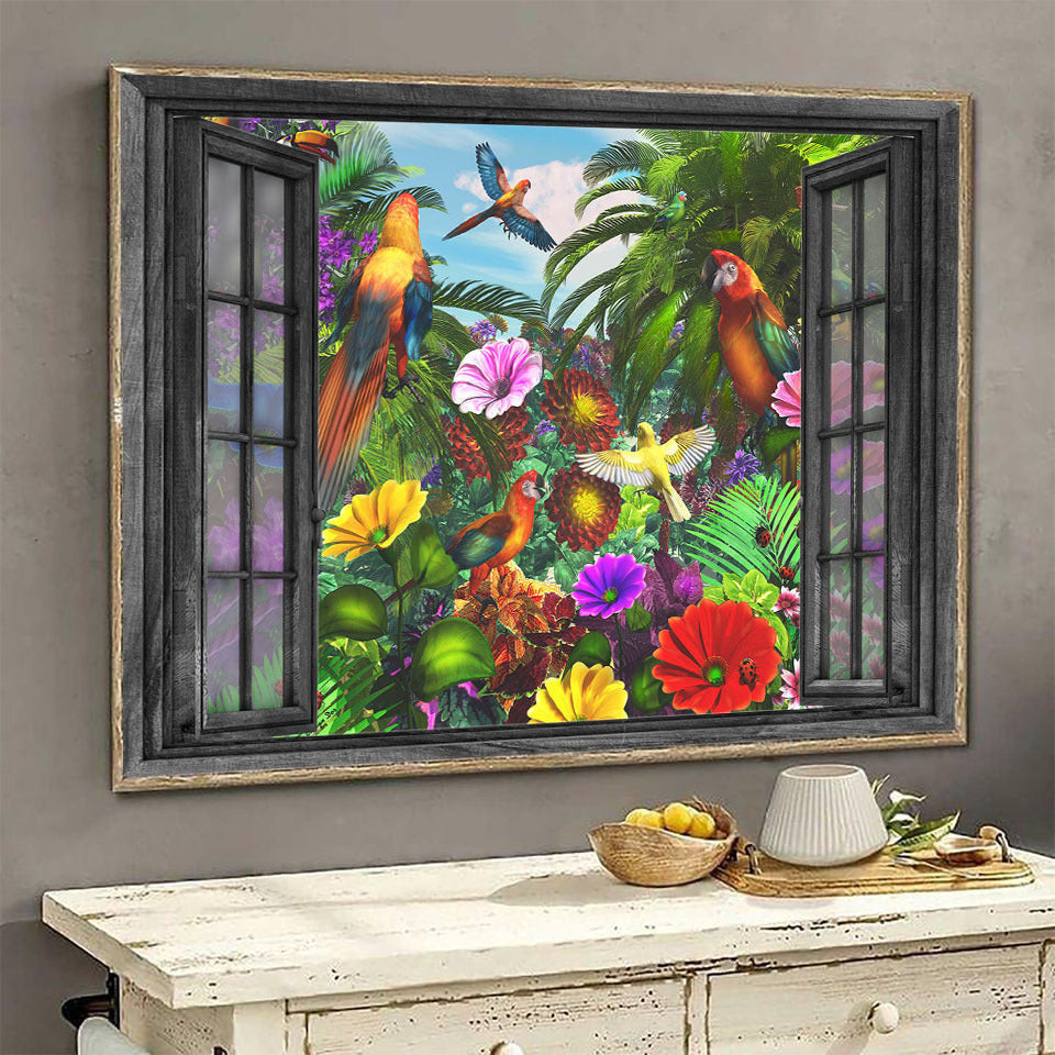 Parrot 3D Wall Arts Painting Prints Home Decor Tropical Forest Landscape Seen Through Window Scene Wall Mural, 3D Window Wall Decal, Window Wall Mural, Window Wall Sticker, Window Sticker Gift Idea 18x30IN