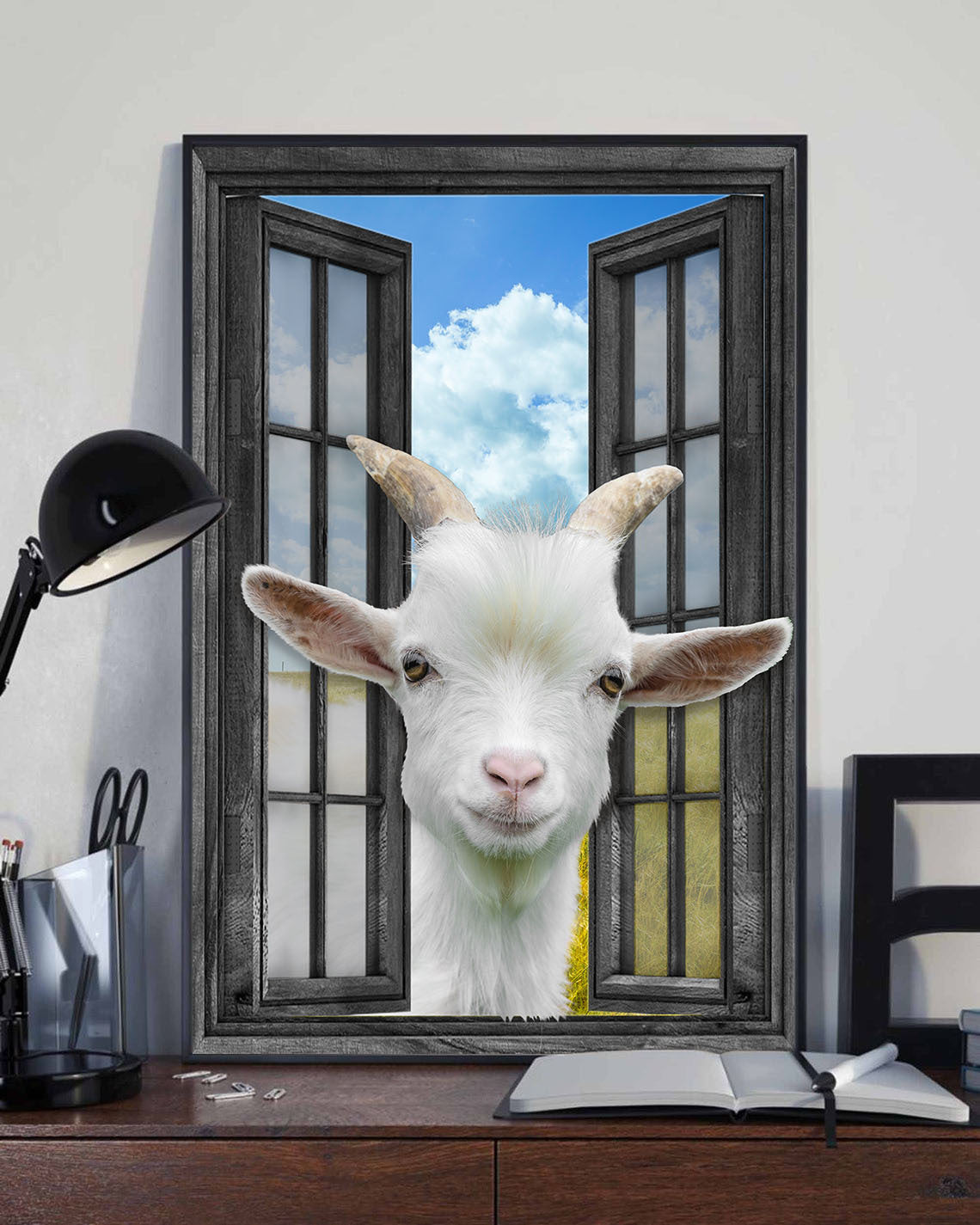 Pygmy Goat 3D Wall Art Painting Prints Home Decor Cattle Lover Landscape Seen Through Window Scene Wall Mural, 3D Window Wall Decal, Window Wall Mural, Window Wall Sticker, Window Sticker Gift Idea 18x30IN