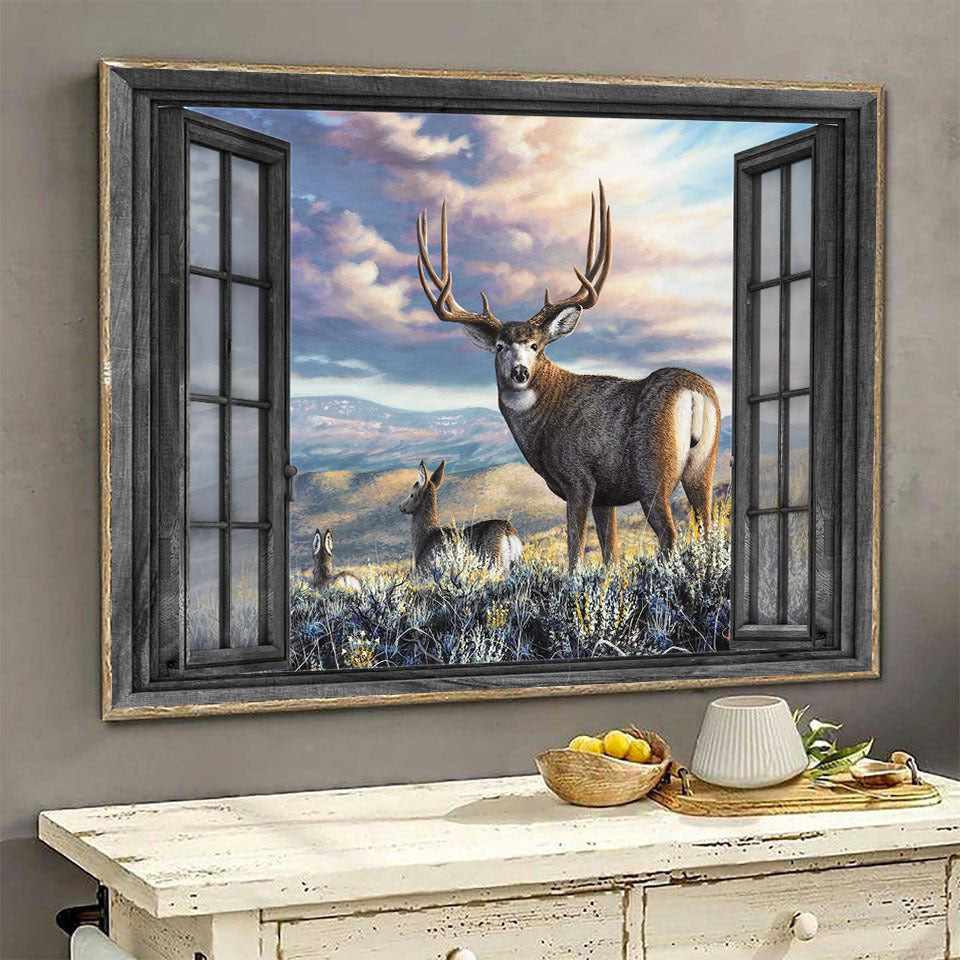 Whitetail Deer 3D Wall Art Bedroom Decor Purple Clouds Hunting Lover Landscape Seen Through Window Scene Wall Mural, 3D Window Wall Decal, Window Wall Mural, Window Wall Sticker, Window Sticker Gift Idea 18x30IN