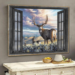 Whitetail Deer 3D Wall Art Bedroom Decor Purple Clouds Hunting Lover Landscape Seen Through Window Scene Wall Mural, 3D Window Wall Decal, Window Wall Mural, Window Wall Sticker, Window Sticker Gift Idea 18x30IN