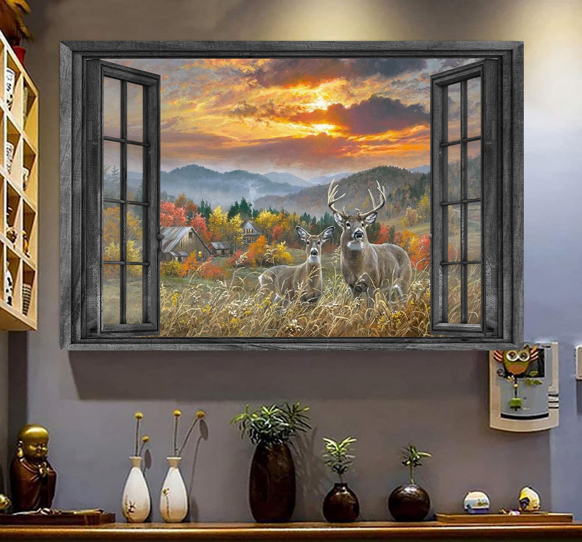 Whitetail Deer 3D Wall Art Painting Art Hunting Lover Home Decoration Easter Landscape Seen Through Window Scene Wall Mural, 3D Window Wall Decal, Window Wall Mural, Window Wall Sticker, Window Sticker Gift Idea 18x30IN