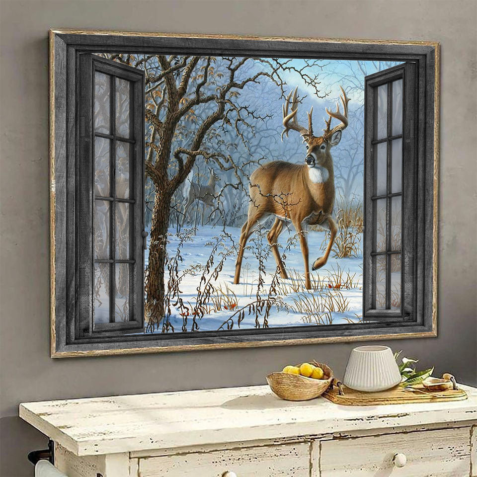 Whitetail Deer 3D Decal Sticker Wall Art Decor Winter Forest Hunting Lover Landscape Seen Through Window Scene Wall Mural, 3D Window Wall Decal, Window Wall Mural, Window Wall Sticker, Window Sticker Gift Idea 18x30IN