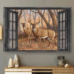 Whitetail Deer 3D Wall Art Maple Forest Hunting Lover Landscape Seen Through Window Scene Wall Mural, 3D Window Wall Decal, Window Wall Mural, Window Wall Sticker, Window Sticker Gift Idea 18x30IN