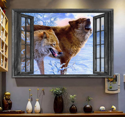 Wolf Couple Wall Art 3D Painting Art Wild Animals Home Decoration Landscape Seen Through Window Scene Wall Mural, 3D Window Wall Decal, Window Wall Mural, Window Wall Sticker, Window Sticker Gift Idea 18x30IN
