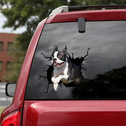 Boston Terrier Dog Breeds Dogs Puppy Crack Window Decal Custom 3d Car Decal Vinyl Aesthetic Decal Funny Stickers Cute Gift Ideas Ae10206 Car Vinyl Decal Sticker Window Decals, Peel and Stick Wall Decals 18x18IN 2PCS