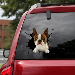 Boston Terrier Dog Breeds Dogs Puppy Crack Window Decal Custom 3d Car Decal Vinyl Aesthetic Decal Funny Stickers Cute Gift Ideas Ae10205 Car Vinyl Decal Sticker Window Decals, Peel and Stick Wall Decals 18x18IN 2PCS