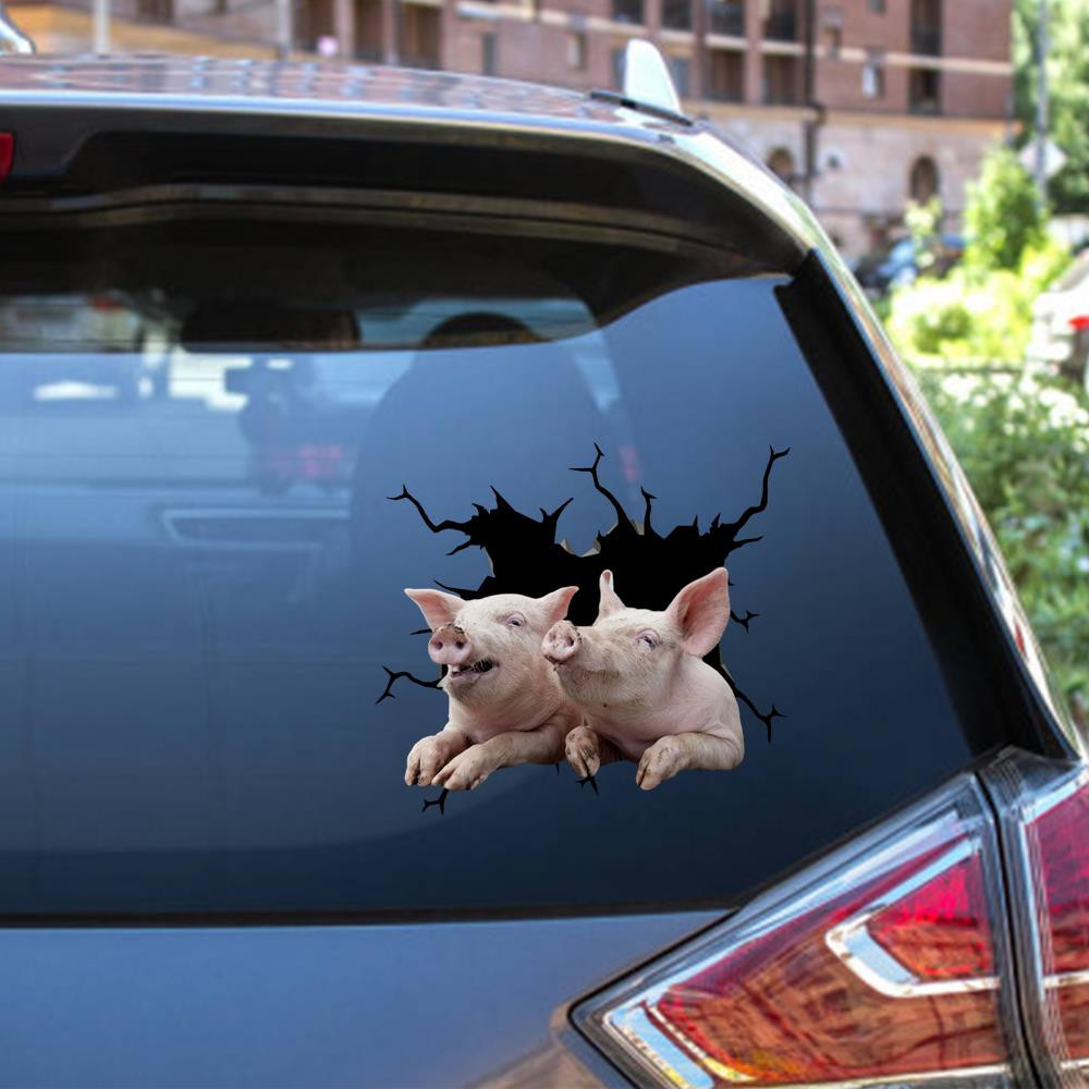 Funny Pig Friends Crack Window Decal Custom 3d Car Decal Vinyl Aesthetic Decal Funny Stickers Home Decor Gift Ideas Car Vinyl Decal Sticker Window Decals, Peel and Stick Wall Decals 12x12IN 2PCS